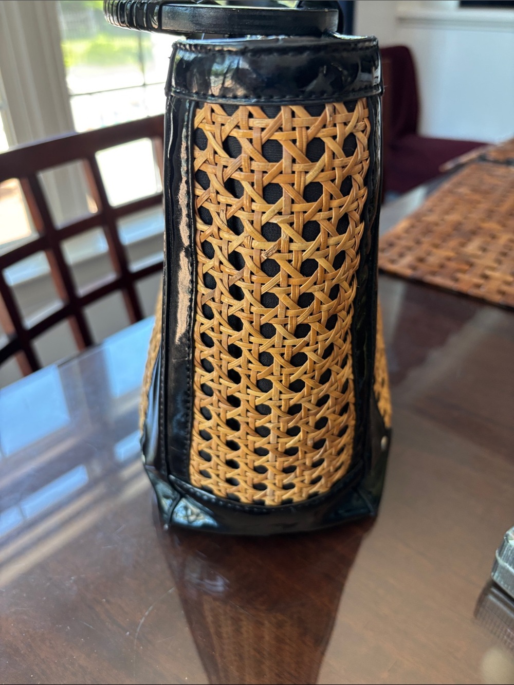White House Black Market Black and Natural Woven Handle Satchel - Picture 4 of 8